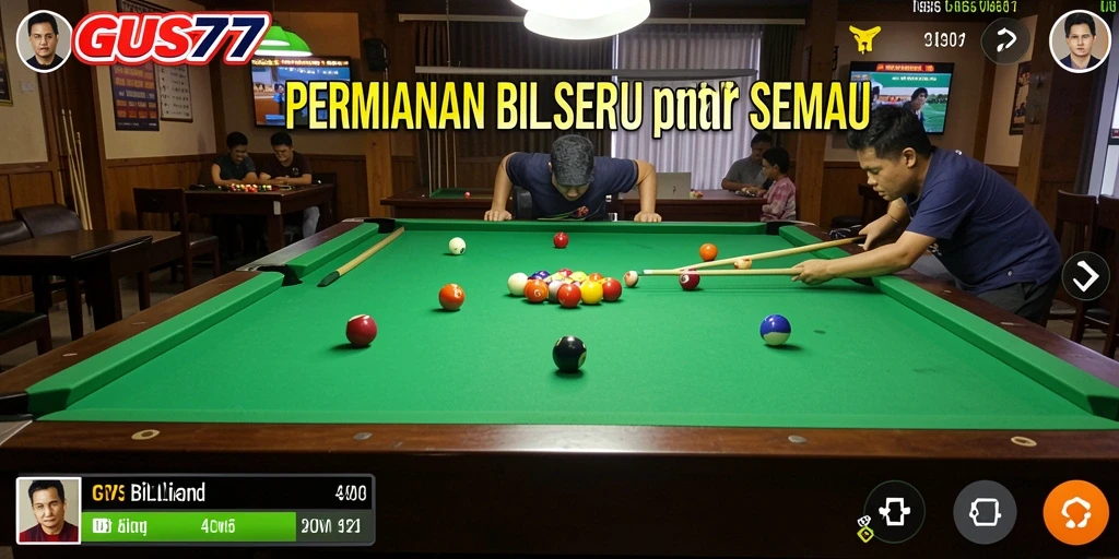 Screenshot utama GUS77 menampilkan meja billiard yang realistis.