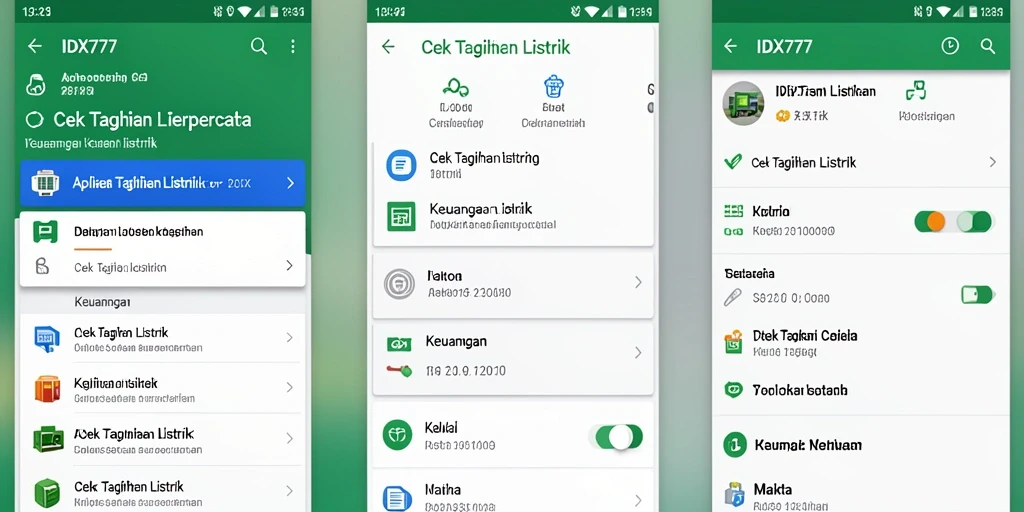 Antarmuka aplikasi IDX777 untuk cek tagihan listrik yang mudah digunakan.