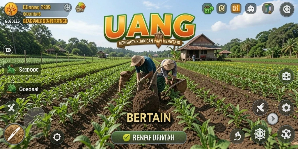 Antarmuka game UANG yang menampilkan aktivitas bertani yang seru.
